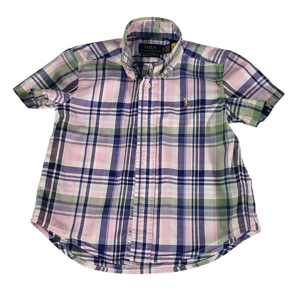 Polo Ralph Lauren Plaid Short Sleeve Button Down Shirt Natural Stretch 2T - Picture 1 of 5